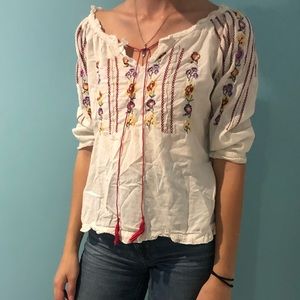 White Boho peasant top with floral embroidery